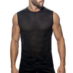 Nexus mesh tank top is a black sleeveless athletic top with white shoulder stripes made from breathable mesh fabric