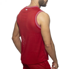 Red mesh athletic tank top sleeveless t shirt with white trim along neckline and armholes for active wear