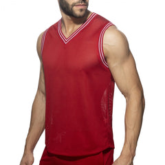 Slam v-neck sleeveless t-shirt in red mesh with white trim along v-neck and armholes for basketball use