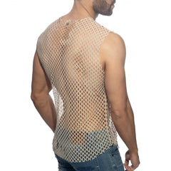 Beige flamoyant tank top with diamond-shaped mesh net pattern and a small button at the neckline