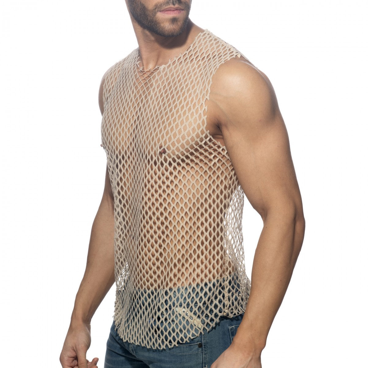 Beige mesh sleeveless flamboyant tank top with a fitted, form-fitting design for stylish casual wear