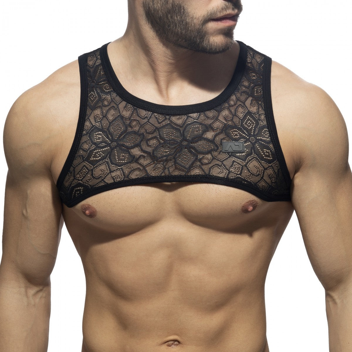 Black lace tank top with floral pattern and solid black trim from the flowery lace harness collection