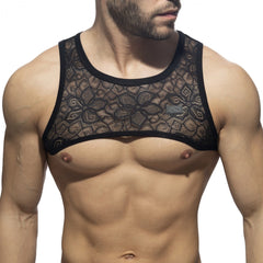 Black lace tank top with floral pattern and solid black trim from the flowery lace harness collection