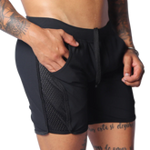 Black athletic shorts with a drawstring waistband, side mesh panel detailing, and deep side pockets.