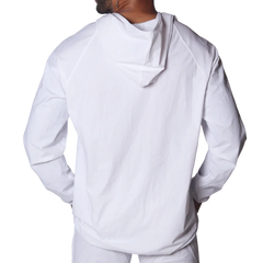 Back view of a plain white lightweight hooded jacket with long raglan sleeves against a black background.