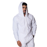 Minimalist white hooded windbreaker jacket with a front zipper and long sleeves, worn by a man against a black backdrop.