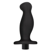 Matte black prostate massager with a flared base and curved, ergonomic shaft against a white background.