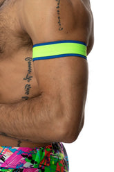 Armband set of 2 with neon green and blue reflective fabric for high visibility and safety during activities