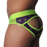Purple aubergine-print jockstrap with neon green mesh panels, trim, and embossed branded elastic waistband.