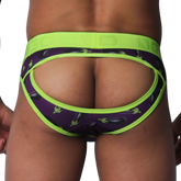 Purple jockstrap with eggplant print, lime green trim, and an open-back design on a thick logo waistband.