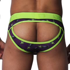 Purple jockstrap with eggplant print, lime green trim, and an open-back design on a thick logo waistband.