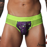 Neon green mesh briefs featuring a purple pouch with an all-over eggplant print and an embossed logo waistband.