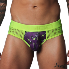 Neon green mesh briefs featuring a purple pouch with an all-over eggplant print and an embossed logo waistband.
