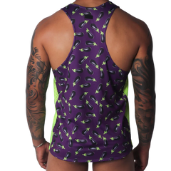 Purple racerback tank top with an eggplant pattern and neon green mesh side panels.