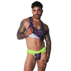 Aubergine print tank top in purple with lime green accents, featuring a sleeveless athletic fit.