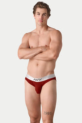 A shirtless male model poses with arms crossed wearing dark red briefs with a white AWRY branded waistband against a grey background.