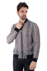 Men’s funky novelty bomber jacket with black and white striped pattern ribbed cuffs and waistband