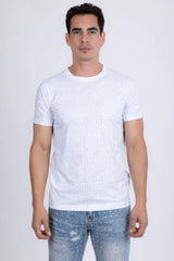 White short-sleeved dolorosa rhinestone t-shirt with a subtle dotted pattern and sparkling rhinestone details