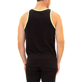 Man from behind wearing a black Bespoke Moda ringer tank top with neon yellow trim.