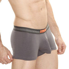Gray men’s cotton pouch boxer briefs with black waistband white stripes and orange milk brand label metroMalewear charcoal