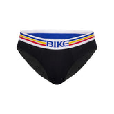 BIKE Athletic black cotton briefs with a white, blue, yellow, and red striped waistband featuring the BIKE logo.