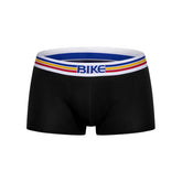 BIKE Athletic black cotton trunk underwear with a white, blue, red, and yellow striped waistband and the BIKE logo.
