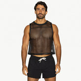 A man models a black BIKE Athletic mesh sleeveless practice jersey and black shorts.