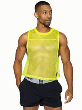 A bright neon yellow BIKE sleeve-less practice jersey mesh tank top with round neckline and subtle perforations