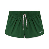 Green BIKE athletic track shorts with an elastic waistband, white and red striped drawstring, and white BIKE logo.