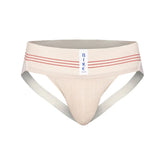 Vintage cream BIKE Athletic jockstrap with a wide elastic waistband, red accent stripes, and a vertical logo tag.