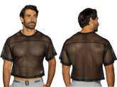 Black mesh crop top with solid black ribbed neckline and hem, short sleeves, bike athletic bam134 practice jersey