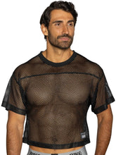 Black mesh crop top with solid black ribbed neckline and short sleeves from bike athletic bam134 practice jersey