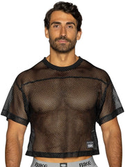 Black mesh crop top with solid black ribbed neckline and hem featuring bike logo on lower right side for athletic use