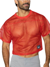 Red mesh crop top with solid red ribbed neckline and hem featuring black bike patch on lower left side