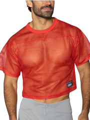 Red mesh crop top with solid red ribbed neckline and hem featuring black bike patch on lower left side