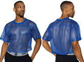 Blue mesh crop top with solid blue ribbed neckline and sleeve cuffs for bike athletic bam134 short sleeve practice jersey royal