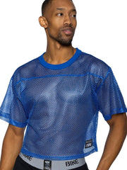 Blue mesh crop top bike athletic bam134 short sleeve practice jersey with solid ribbed neckline and hem royal color