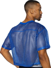 Blue mesh athletic short sleeve practice jersey with crew neckline in royal color for bike sportswear