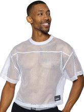 White mesh bike athletic bam134 short sleeve practice jersey with ribbed crew neckline and logo patch on front lower left side