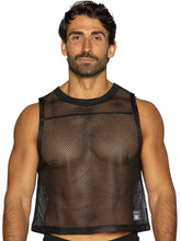 Black mesh crop top with solid black ribbed neckline and hem from BIKE athletic BAM135 sleeveless practice jersey
