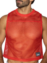 Red mesh crop top with solid red ribbed neckline and hem featuring small black bike brand patch lower right side
