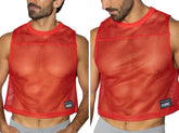 Red mesh sleeveless top with ribbed neckline and hem featuring a small black bike brand patch on the lower left side