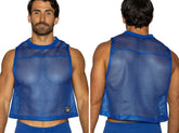 Blue mesh crop top with solid blue ribbed neckline and hem sleeveless practice jersey in vibrant royal blue