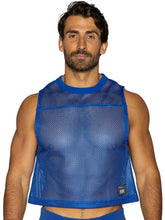 Blue mesh crop top with solid blue ribbed neckline and hem sleeveless practice jersey in vibrant royal blue royal