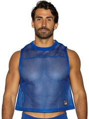 Blue mesh crop top with solid blue ribbed neckline and hem sleeveless practice jersey in vibrant royal blue royal