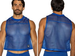 Blue mesh crop top with solid blue ribbed neckline and hem sleeveless practice jersey in vibrant royal blue