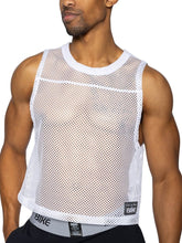 White mesh tank top with round neckline and reinforced trim from BIKE athletic BAM135 sleeveless practice jersey in white