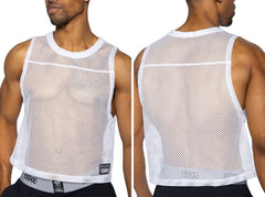 White mesh sleeveless practice jersey with round neckline and hemmed edges for bike athletic performance