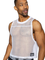 White mesh tank top with round neckline cropped hem and small black bike label on lower right side for athletic use