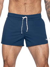 Navy blue BIKE athletic BAM200 track shorts with white drawstring and small side logo for active wear